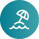 A blue circle with an umbrella and waves in the background.