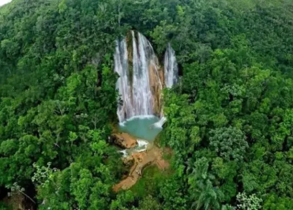 A view of several waterfalls in the jungle.