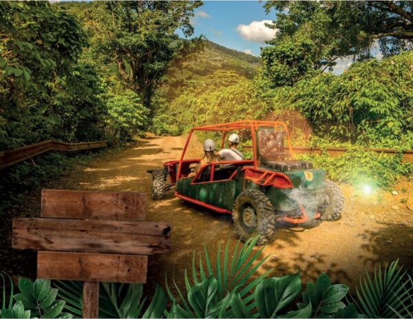 A red and black buggy driving down the road.