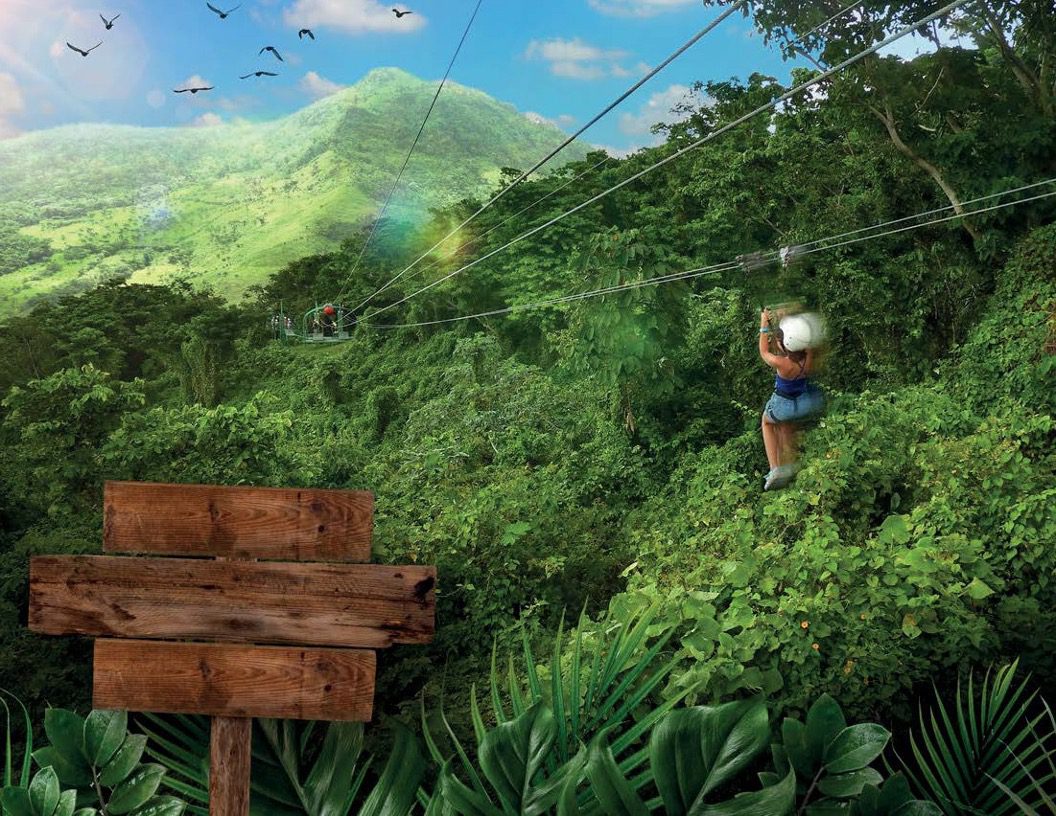 A woman is ziplining through the jungle.